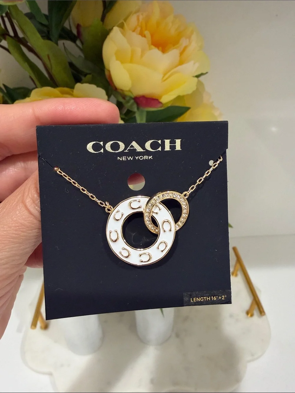 Coach Gold-Tone Necklace with White Enamel Interlocking Circles